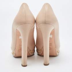 Pre Owned Alexander McQueen Beige Leather Skull Embellished Peep Toe Platform Pumps Size 39