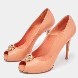 Alexander McQueen Light Orange Leather Embellished Skull Peep Toe Pumps Size 40