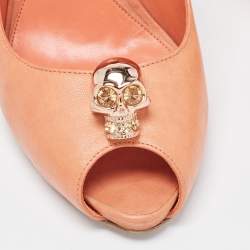 Alexander McQueen Light Orange Leather Embellished Skull Peep Toe Pumps Size 40