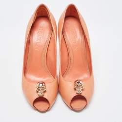 Alexander McQueen Light Orange Leather Embellished Skull Peep Toe Pumps Size 40