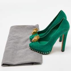 Pre Owned Alexander McQueen Green Suede Crystal Embellished Skull Studded Platform Peep Toe Pumps Size 37