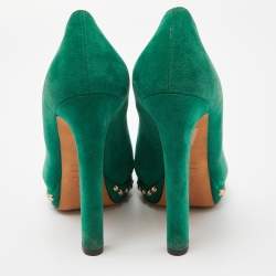 Pre Owned Alexander McQueen Green Suede Crystal Embellished Skull Studded Platform Peep Toe Pumps Size 37