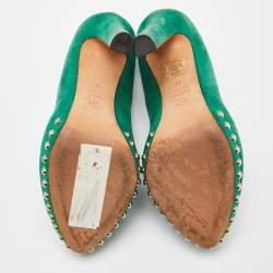 Pre Owned Alexander McQueen Green Suede Crystal Embellished Skull Studded Platform Peep Toe Pumps Size 37