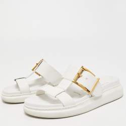 Pre Owned Alexander McQueen White Leather Slides Size 38