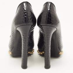 Pre Owned Alexander McQueen Black Patent Leather Skull Embellished Peep Toe Pumps Size 37