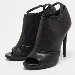 Pre Owned McQ by Alexander McQueen Black Croc Embossed Leather Peep Toe Ankle Strap Booties Size 40