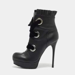 Pre Owned Alexander McQueen Black Leather and Velvet Lace Up Platform Ankle Booties Size 36