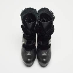 Pre Owned Alexander McQueen Black Leather and Velvet Lace Up Platform Ankle Booties Size 36