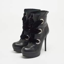 Pre Owned Alexander McQueen Black Leather and Velvet Lace Up Platform Ankle Booties Size 36