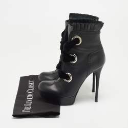 Pre Owned Alexander McQueen Black Leather and Velvet Lace Up Platform Ankle Booties Size 36