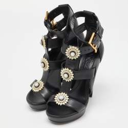 Pre Owned Alexander McQueen Black Leather Strappy Platform Sandals Size 38.5