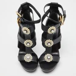 Pre Owned Alexander McQueen Black Leather Strappy Platform Sandals Size 38.5