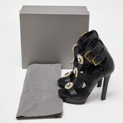 Pre Owned Alexander McQueen Black Leather Strappy Platform Sandals Size 38.5