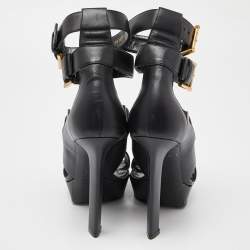 Pre Owned Alexander McQueen Black Leather Strappy Platform Sandals Size 38.5