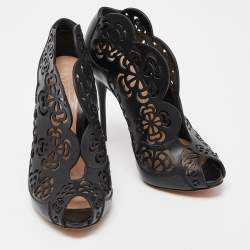 Pre Owned Alexander McQueen Black Laser Cut Leather Peep Toe Booties Size 36
