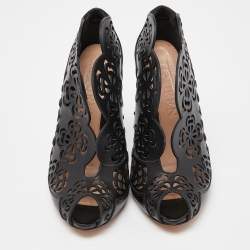 Pre Owned Alexander McQueen Black Laser Cut Leather Peep Toe Booties Size 36