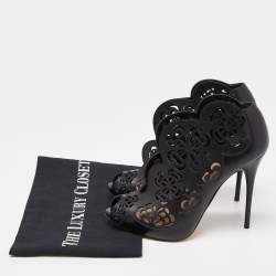 Pre Owned Alexander McQueen Black Laser Cut Leather Peep Toe Booties Size 36