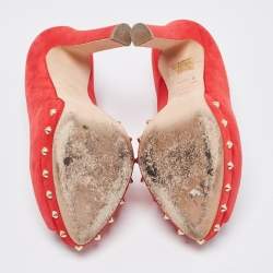 Pre Owned Alexander McQueen Red Suede Embellished Skull Studded Platform Peep Toe Pumps Size 36.5