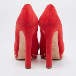 Pre Owned Alexander McQueen Red Suede Embellished Skull Studded Platform Peep Toe Pumps Size 36.5