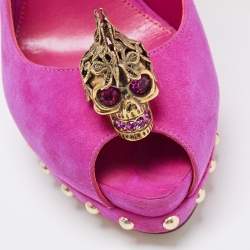 Alexander McQueen Pink Suede Embellished Skull Studded Platform Peep Toe Pumps Size 38.5