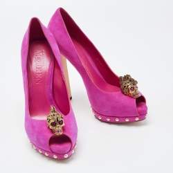 Alexander McQueen Pink Suede Embellished Skull Studded Platform Peep Toe Pumps Size 38.5