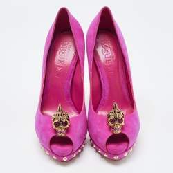 Alexander McQueen Pink Suede Embellished Skull Studded Platform Peep Toe Pumps Size 38.5