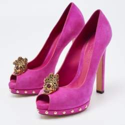 Alexander McQueen Pink Suede Embellished Skull Studded Platform Peep Toe Pumps Size 38.5