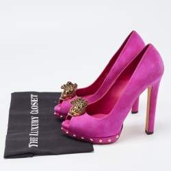 Alexander McQueen Pink Suede Embellished Skull Studded Platform Peep Toe Pumps Size 38.5