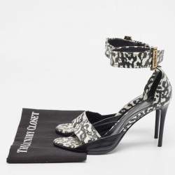 Pre Owned Alexander McQueen Black/White Leather and Lizard Embossed Lana Razor Ankle Cuff Sandals Size 39