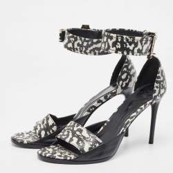 Pre Owned Alexander McQueen Black/White Leather and Lizard Embossed Lana Razor Ankle Cuff Sandals Size 39