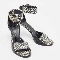 Pre Owned Alexander McQueen Black/White Leather and Lizard Embossed Lana Razor Ankle Cuff Sandals Size 39