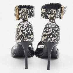 Pre Owned Alexander McQueen Black/White Leather and Lizard Embossed Lana Razor Ankle Cuff Sandals Size 39