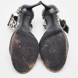 Pre Owned Alexander McQueen Black/White Leather and Lizard Embossed Lana Razor Ankle Cuff Sandals Size 39