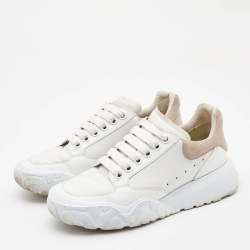 Pre Owned Alexander McQueen White/Beige Leather and Mesh Oversized Runner Sneakers Size 38.5