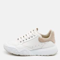 Pre Owned Alexander McQueen White/Beige Leather and Mesh Oversized Runner Sneakers Size 38.5