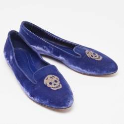 Alexander McQueen Blue Velvet Skull Smoking Slippers Size 37