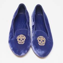 Alexander McQueen Blue Velvet Skull Smoking Slippers Size 37