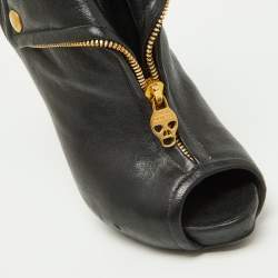 Pre Owned Alexander McQueen Black Leather Faithful Peep Toe Booties Size 37