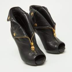 Pre Owned Alexander McQueen Black Leather Faithful Peep Toe Booties Size 37