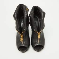 Pre Owned Alexander McQueen Black Leather Faithful Peep Toe Booties Size 37