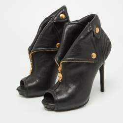 Pre Owned Alexander McQueen Black Leather Faithful Peep Toe Booties Size 37