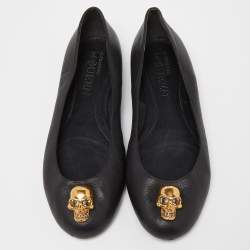 Pre Owned Alexander McQueen Black Leather Skull City Ballet Flats Size 40