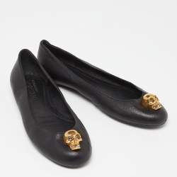 Pre Owned Alexander McQueen Black Leather Skull City Ballet Flats Size 40