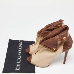 Pre Owned Alexander McQueen Beige/Brown Canvas and Leather Faithful Skull Peep Toe Platform Booties Size 38