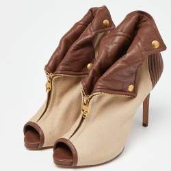 Pre Owned Alexander McQueen Beige/Brown Canvas and Leather Faithful Skull Peep Toe Platform Booties Size 38