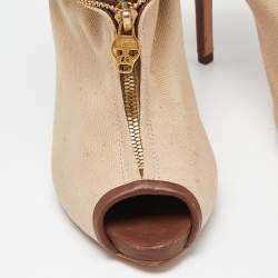Pre Owned Alexander McQueen Beige/Brown Canvas and Leather Faithful Skull Peep Toe Platform Booties Size 38