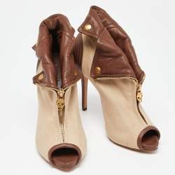 Pre Owned Alexander McQueen Beige/Brown Canvas and Leather Faithful Skull Peep Toe Platform Booties Size 38