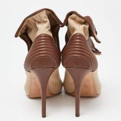 Pre Owned Alexander McQueen Beige/Brown Canvas and Leather Faithful Skull Peep Toe Platform Booties Size 38
