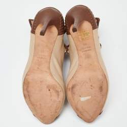 Pre Owned Alexander McQueen Beige/Brown Canvas and Leather Faithful Skull Peep Toe Platform Booties Size 38