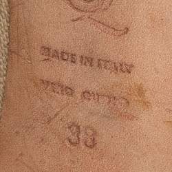 Pre Owned Alexander McQueen Beige/Brown Canvas and Leather Faithful Skull Peep Toe Platform Booties Size 38